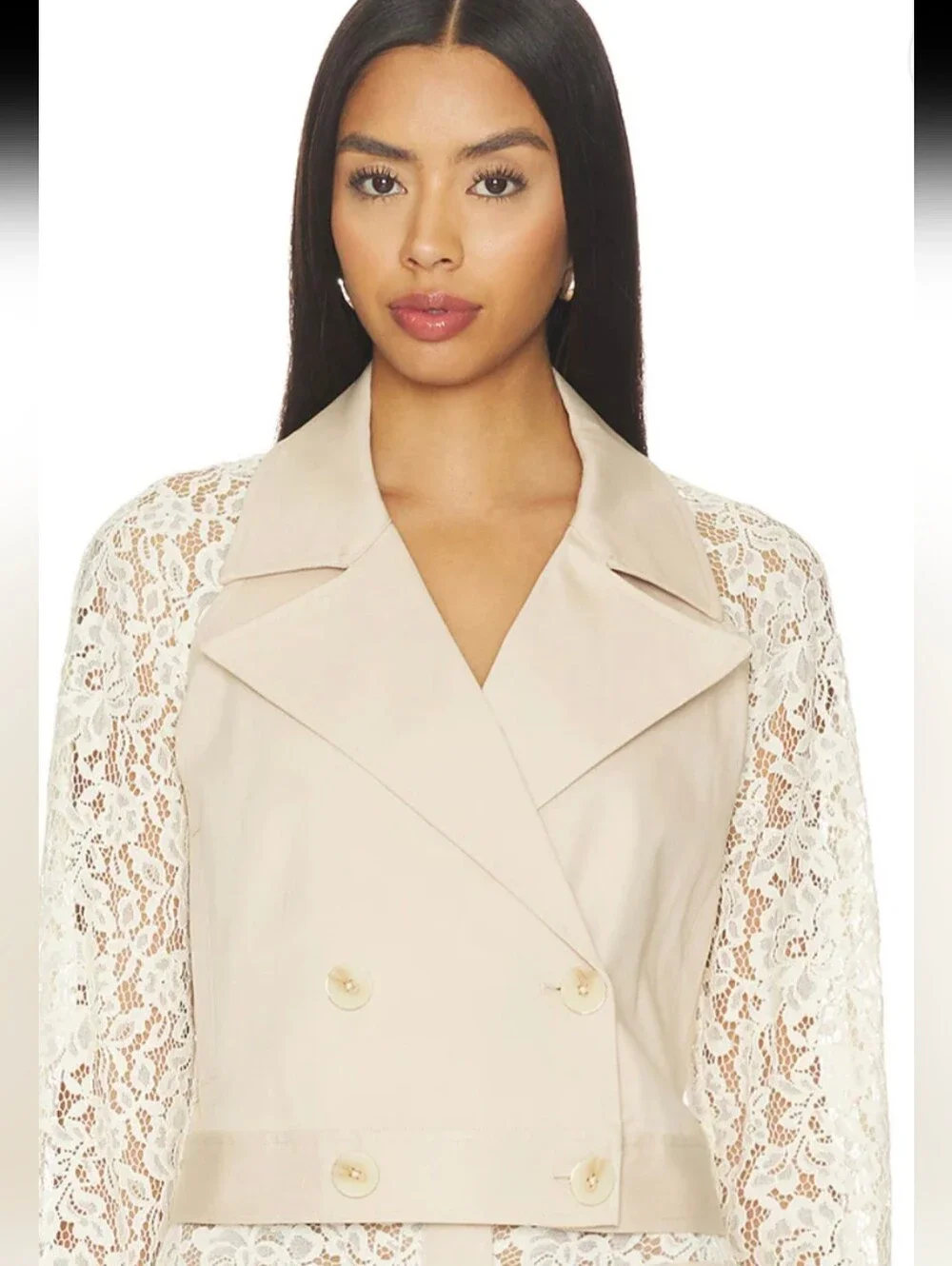 L'AGENCE Novelle Lace-Sleeve Cropped Trench Jacket Small Biscuit/Beige, Cream